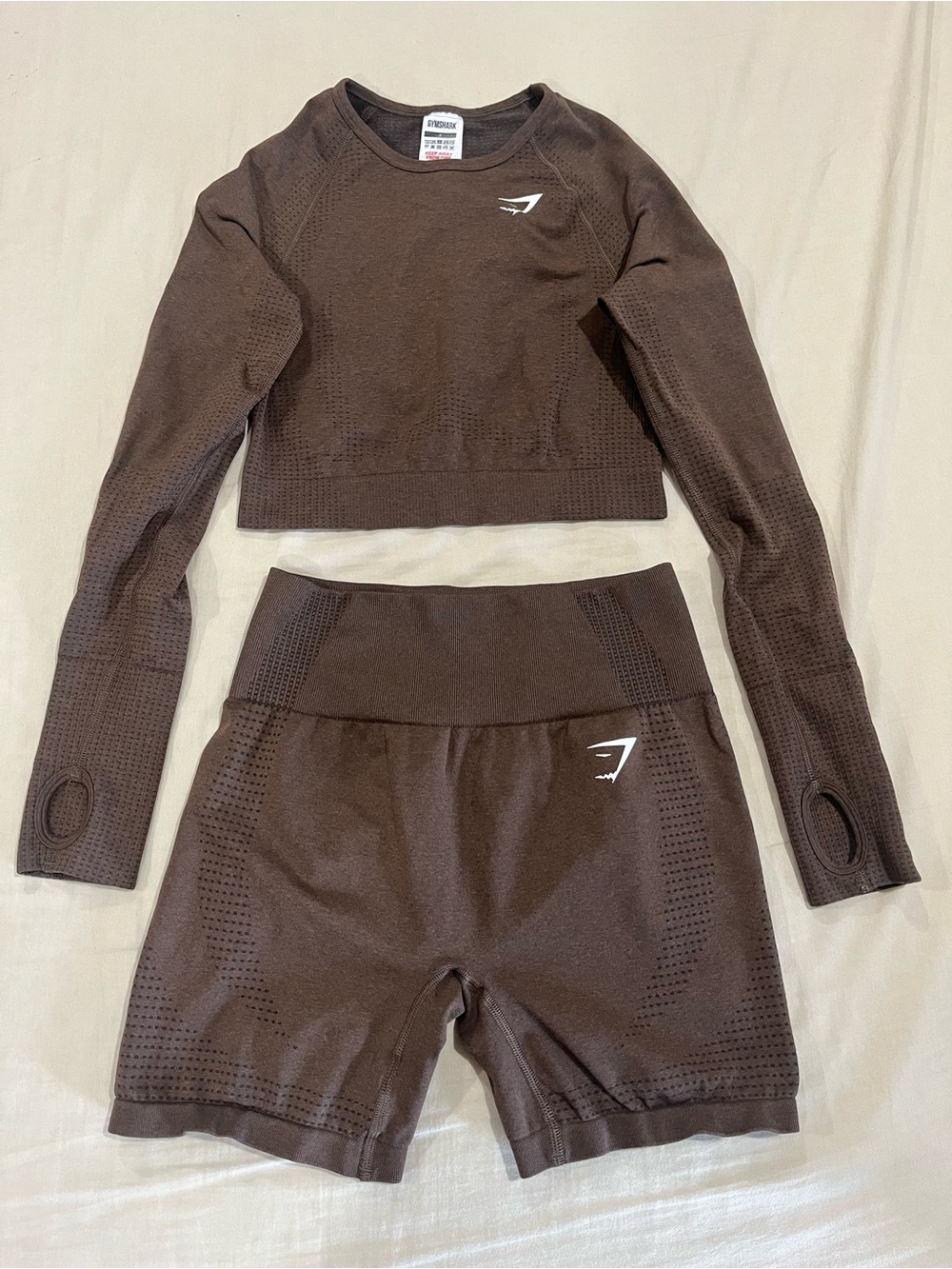 Gymshark Chocolate Brown Seamless Long-Sleeve Crop Top & High-Waist Biker Shorts